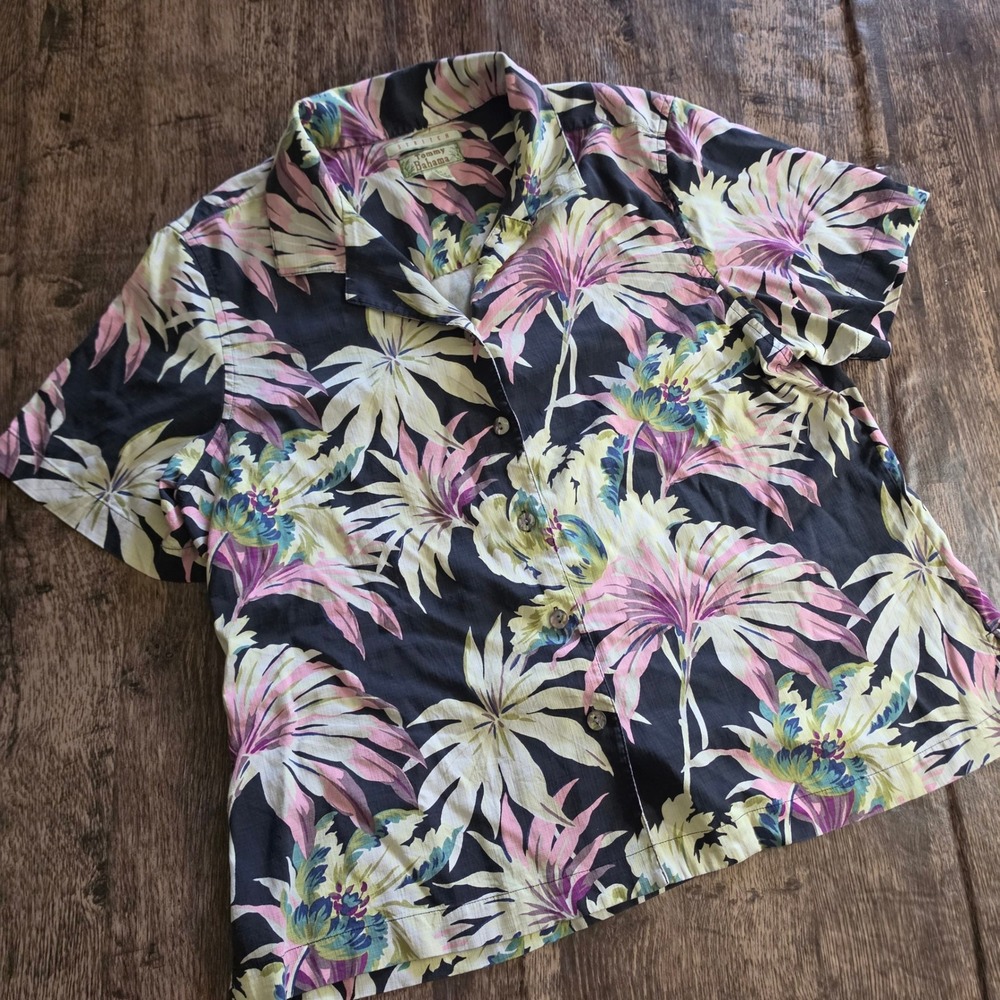 TOMMY BAHAMA Button Up Shirt Mens XL Black Pink Floral Silk‎ Blend Stretch Camp